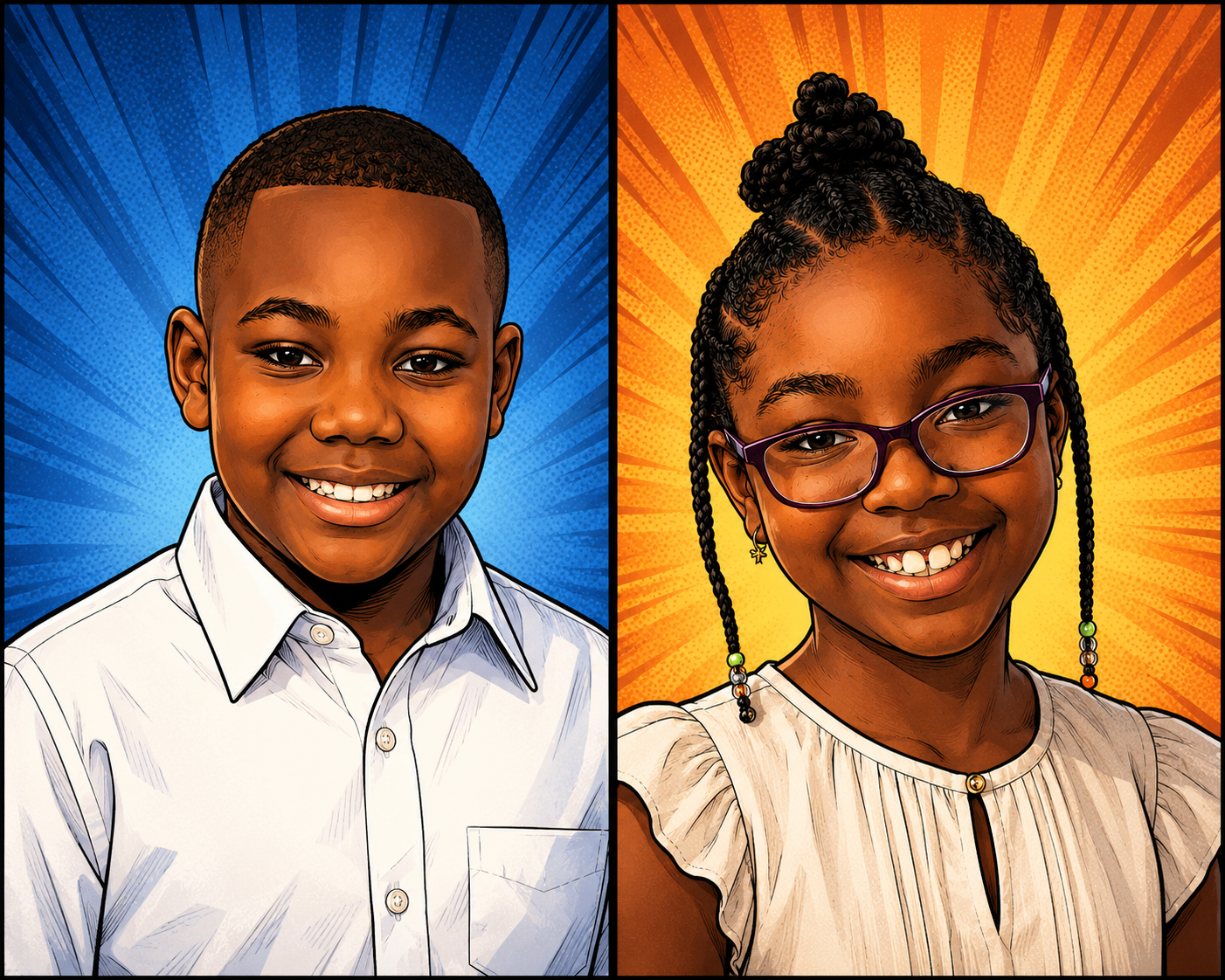 Ananya and Ansel, the kid founders of Made For Me Comics, in comic-book style